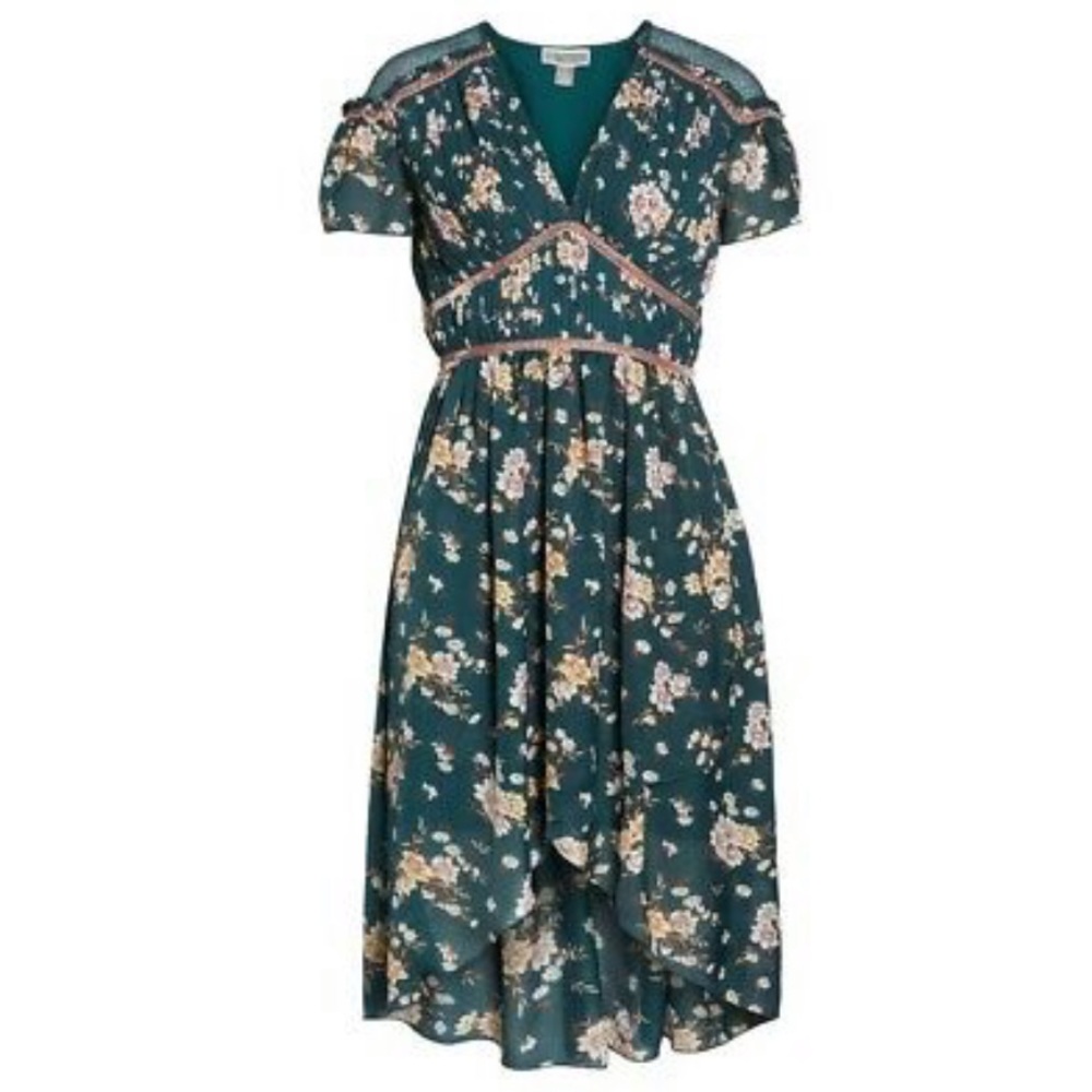 Chelsea28 Green Floral Pleated Lace Hi-Lo Dress